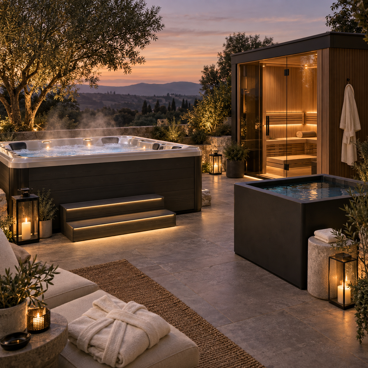 Luxury backyard wellness retreat with hot tub sauna and cold plunge