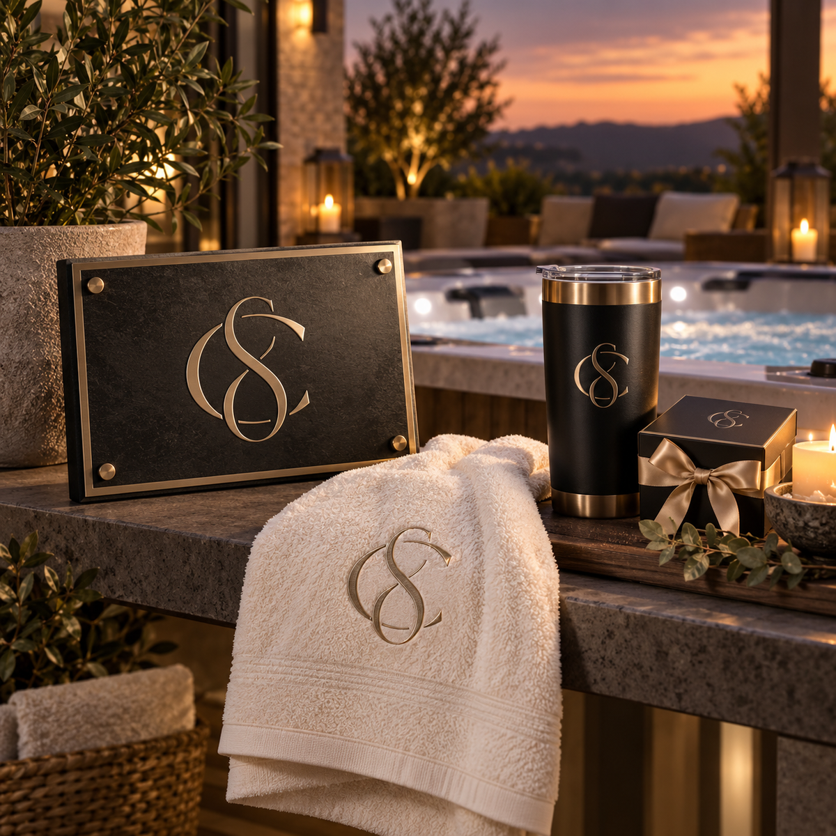 Personalized spa gifts and accessories in black cream and champagne gold