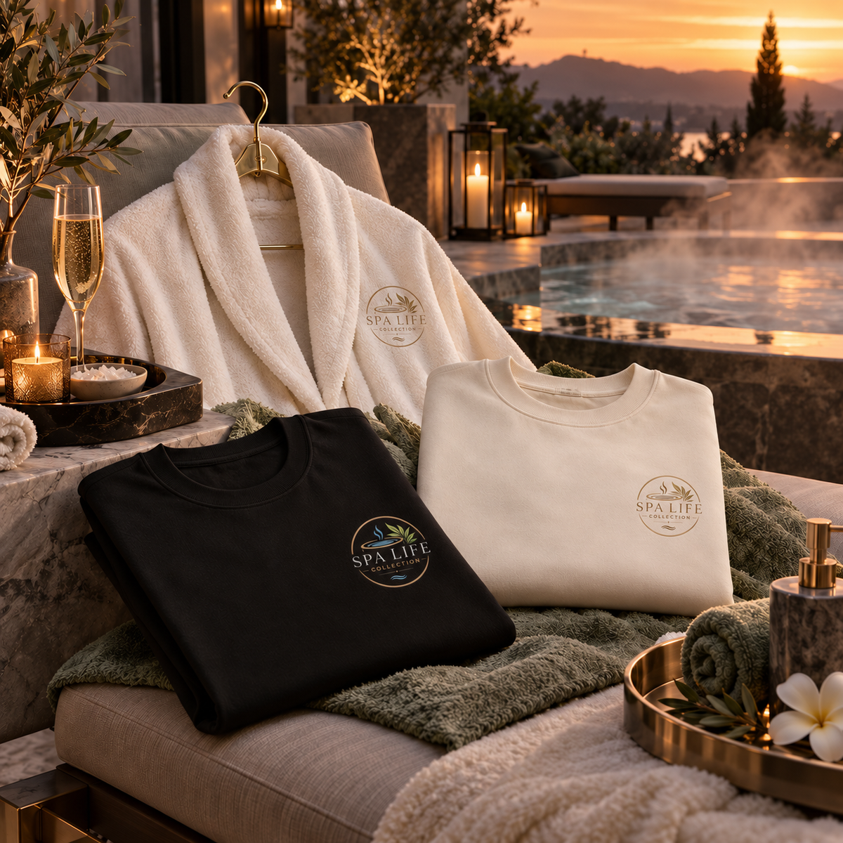 Spa Life Collection branded shirts and robe beside a luxury hot tub at sunset