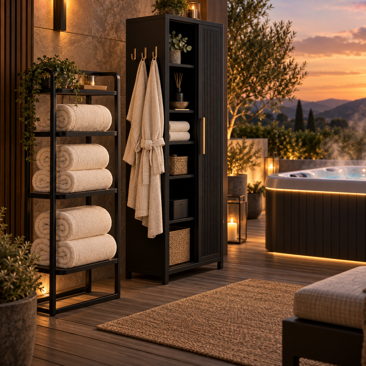 Elegant black spa storage and cream towels beside a hot tub