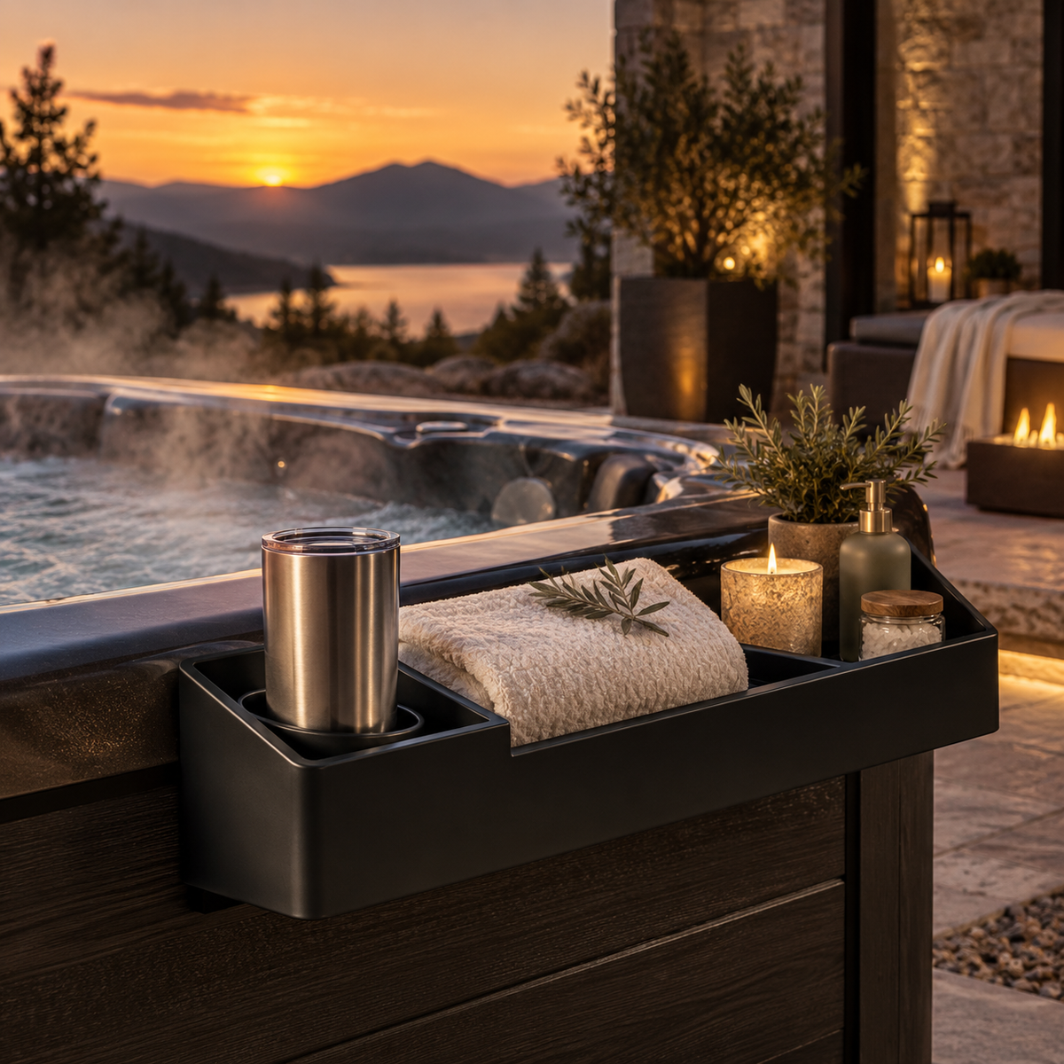 Luxury spa-side organizer and accessories beside a hot tub at sunset