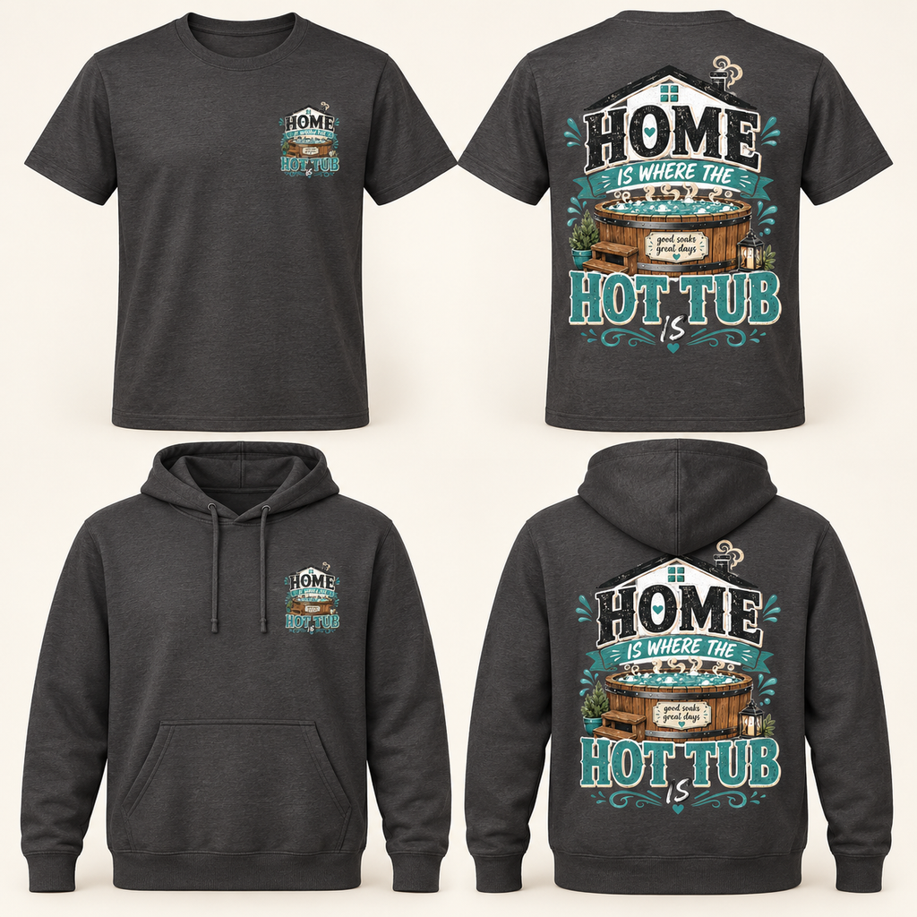Home Is Where the Hot Tub Is T-Shirt & Hoodie front and back product mockup