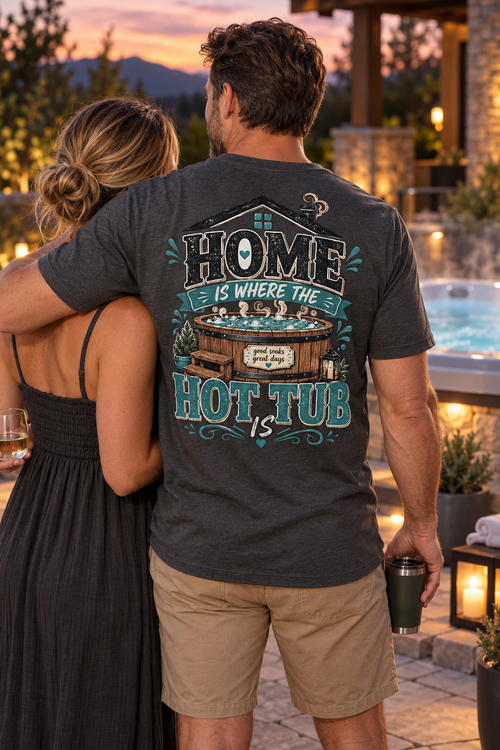 Model wearing Home Is Where the Hot Tub Is hot tub T-shirt beside a luxury spa
