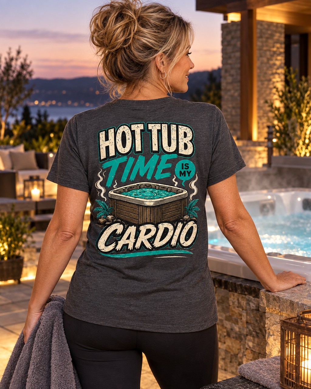 Model wearing Hot Tub Time Is My Cardio hot tub T-shirt beside a luxury spa
