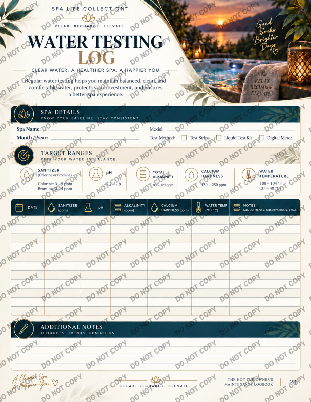 Water testing log preview with DO NOT COPY watermark