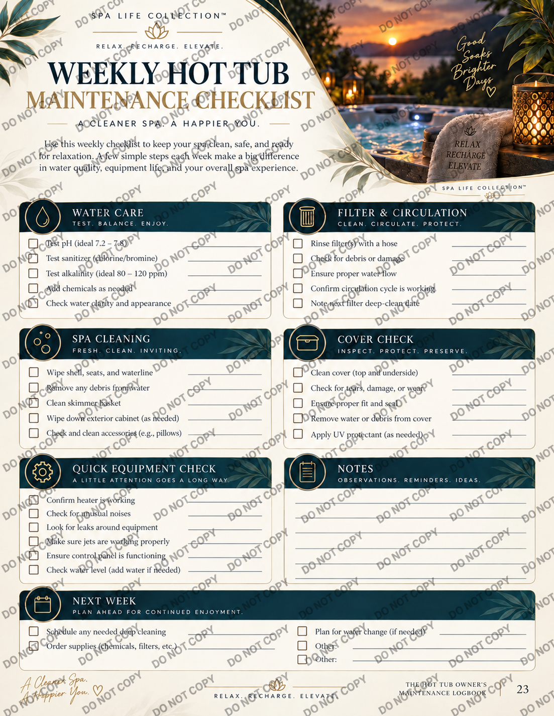 Weekly hot tub maintenance checklist preview with DO NOT COPY watermark