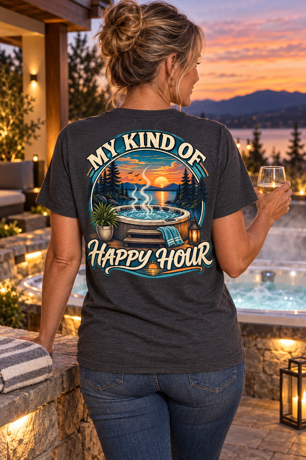 Model wearing My Kind of Happy Hour hot tub T-shirt beside a luxury spa