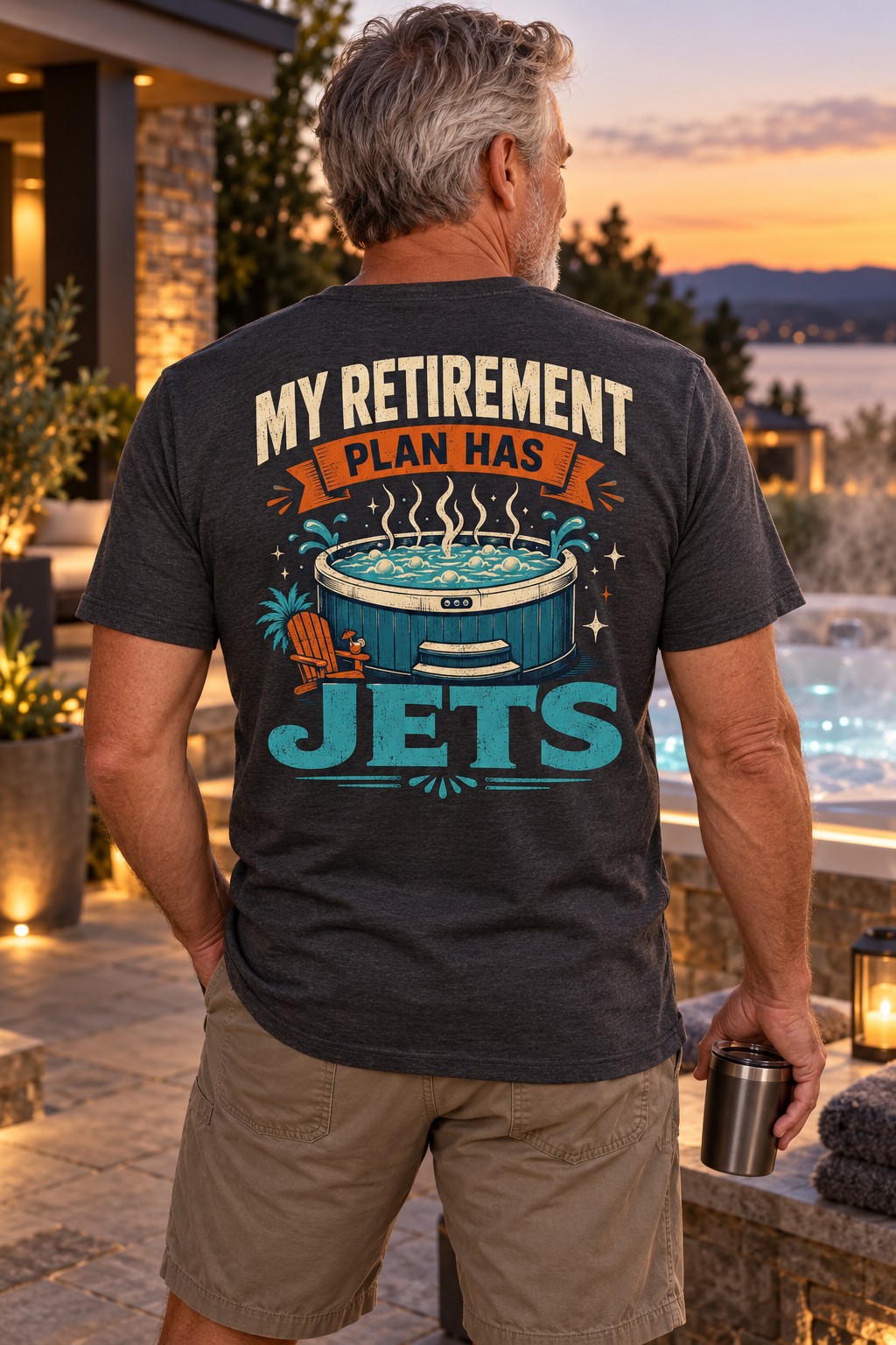 Model wearing My Retirement Plan Has Jets hot tub T-shirt beside a luxury spa