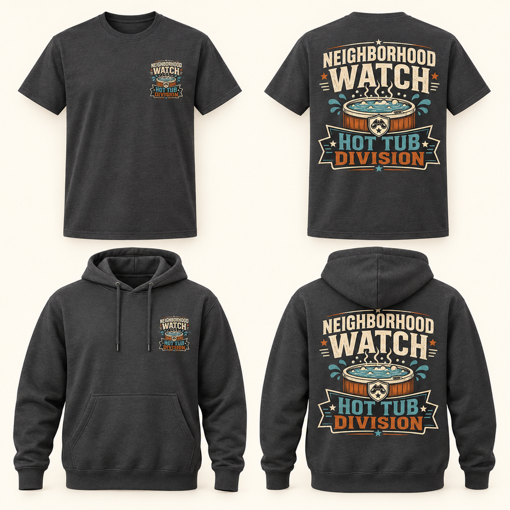Neighborhood Watch: Hot Tub Division T-Shirt & Hoodie front and back product mockup