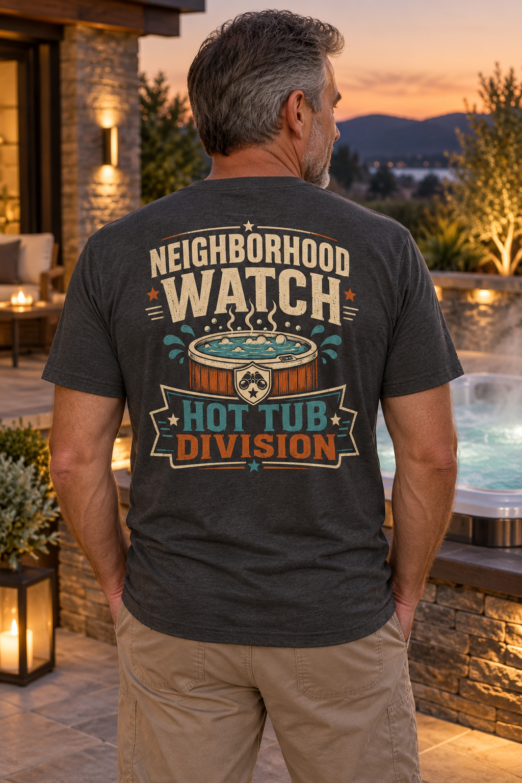 Model wearing Neighborhood Watch: Hot Tub Division hot tub T-shirt beside a luxury spa