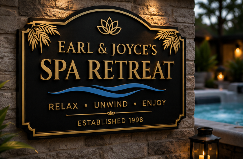 Personalized black and gold Spa Retreat sign displayed beside a luxury hot tub