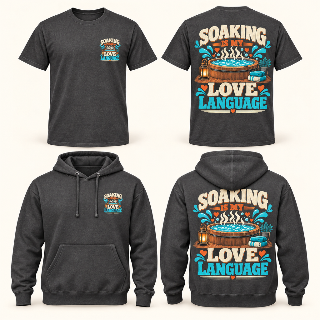 Soaking Is My Love Language Hot Tub T-Shirt & Hoodie front and back product mockup