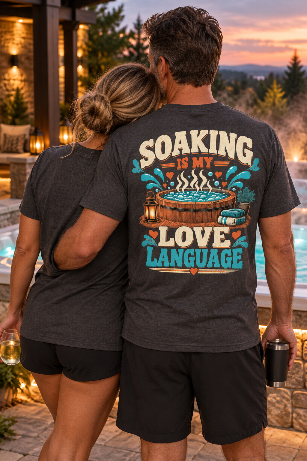 Model wearing Soaking Is My Love Language hot tub T-shirt beside a luxury spa